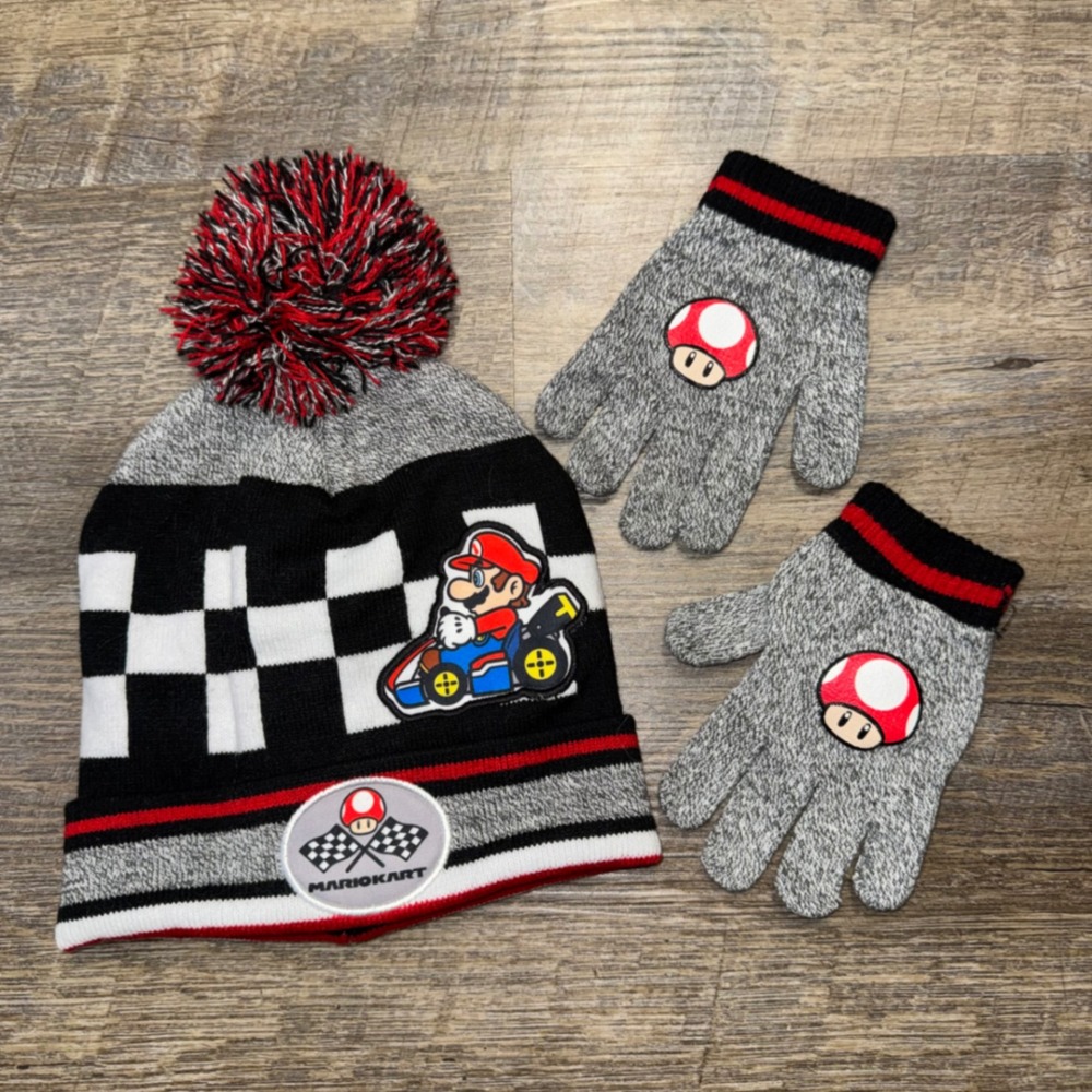 Nintendo Mario Kart Kids Beanie Gloves Set Mario Mushroom Pom Hat Youth 2023